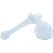 A side view of the “Ivory Sidecar” Glass Sidecar Bubbler Pipe, showcasing its curved glass design against a plain white background.