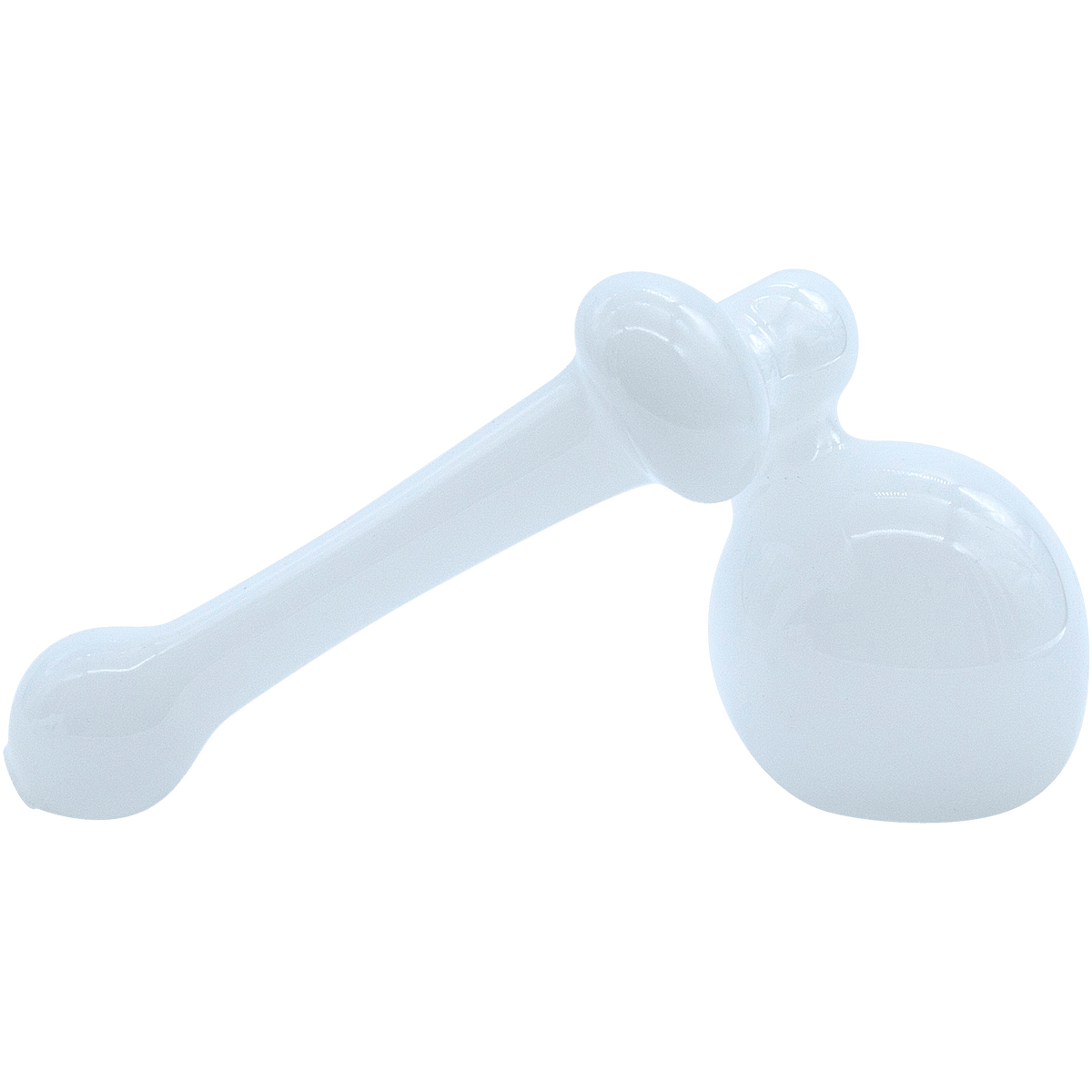 A side view of the “Ivory Sidecar” Glass Sidecar Bubbler Pipe, showcasing its curved glass design against a plain white background.