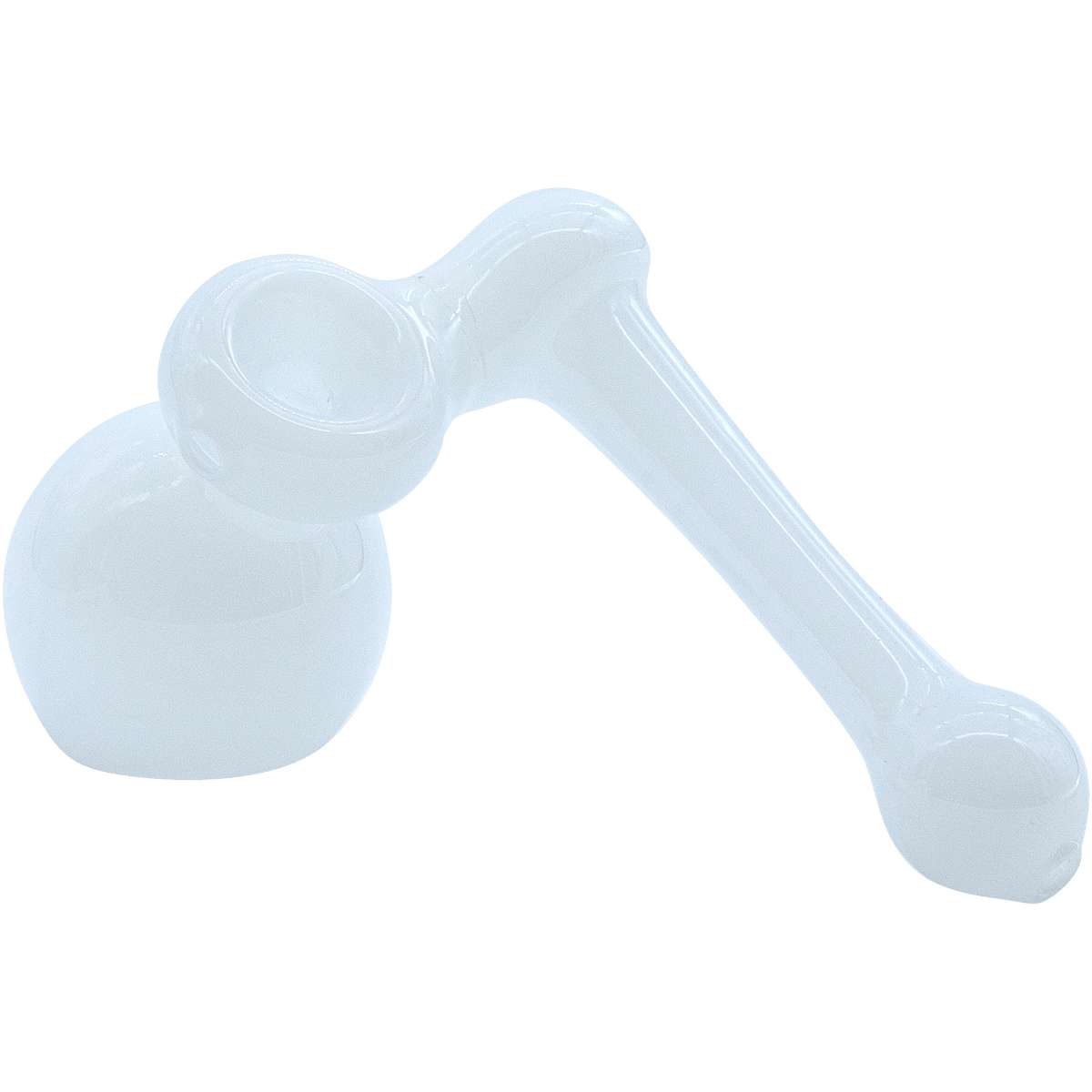 A side view of the “Ivory Sidecar” Glass Sidecar Bubbler Pipe, showcasing its curved glass design against a plain white background.
