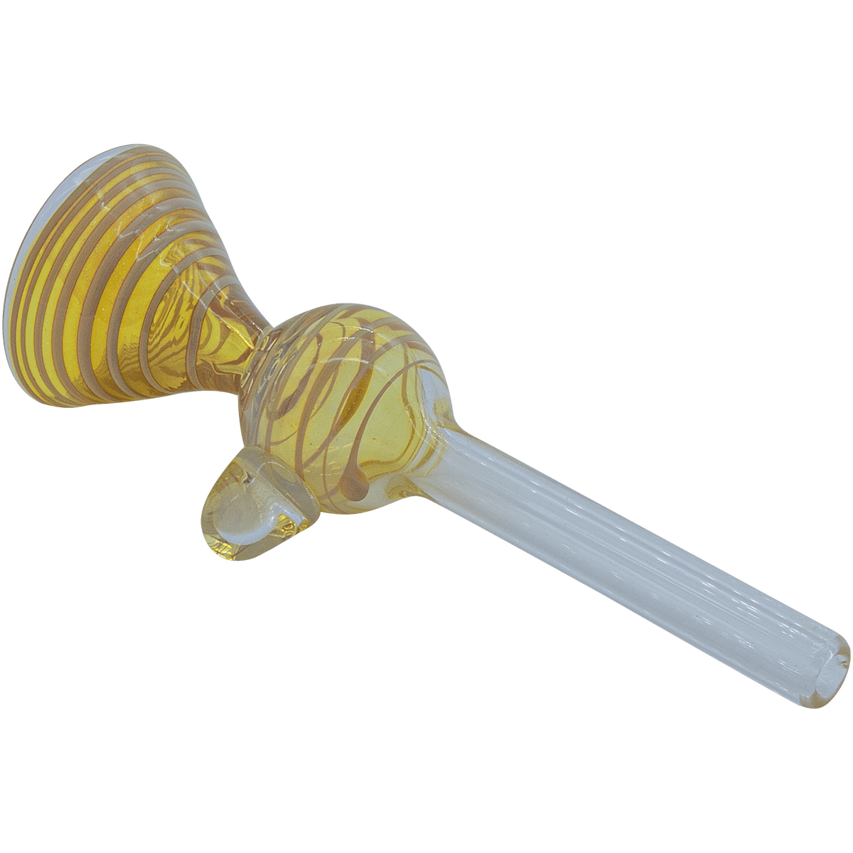 A three-quarter view of the “Loud Speaker” Pull-Stem Slide Bowl, featuring a patterned glass pull-stem and gently curved bowl.