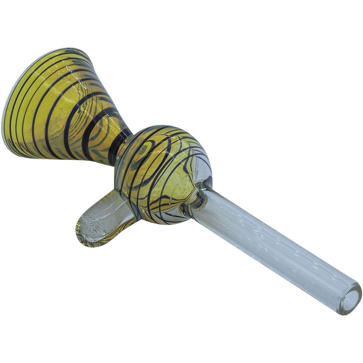 A side view of the “Loud Speaker” Pull-Stem Slide Bowl, featuring a clear glass pull-stem with colorful swirls.