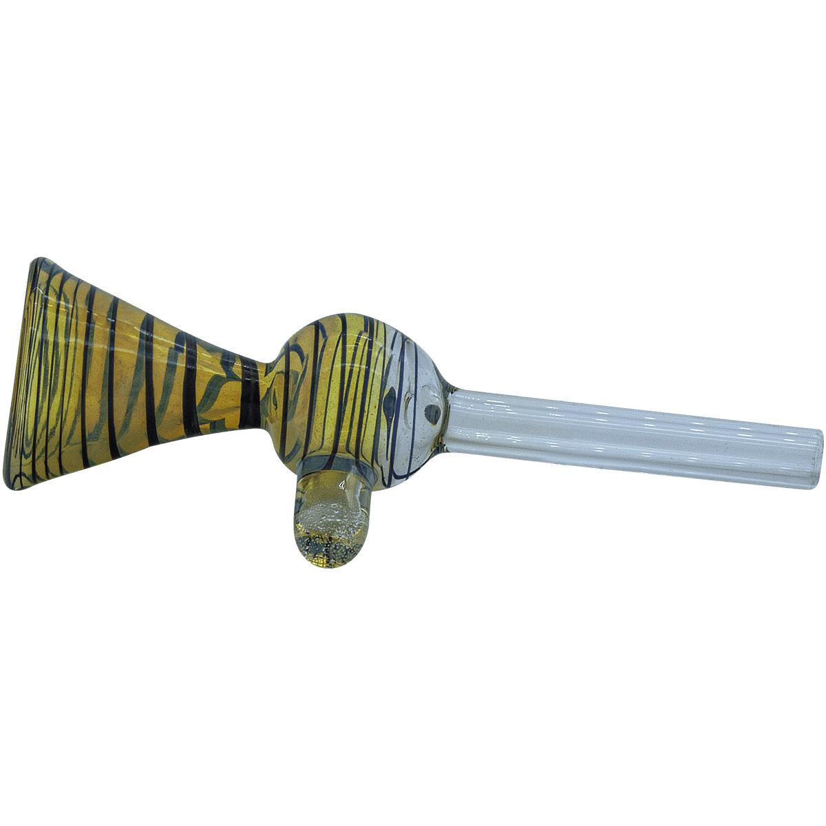 A close-up, angled view of “The Loud Speaker” Pull-Stem Slide Bowl, featuring a colorful, patterned glass construction.