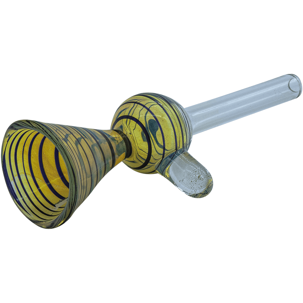 A detailed side view of The "Loud Speaker" Pull-Stem Slide Bowl, showcasing its glass construction and intricate design.