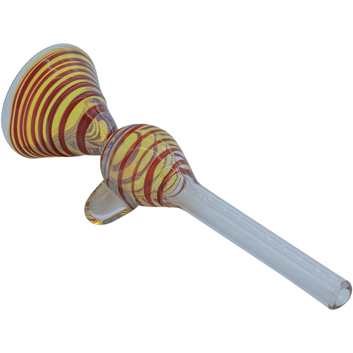 A side view of the “Loud Speaker” Pull-Stem Slide Bowl, showcasing its colorful, patterned glass construction.