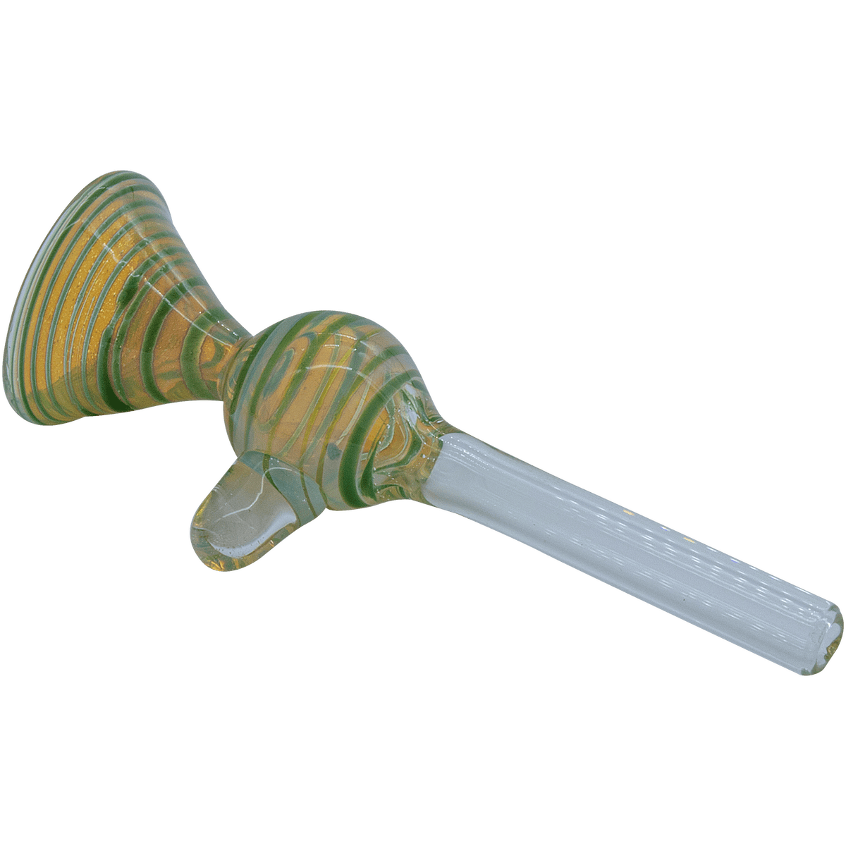 A close-up, angled view of “The Loud Speaker” Pull-Stem Slide Bowl, showcasing its colorful glass construction and stem connection.