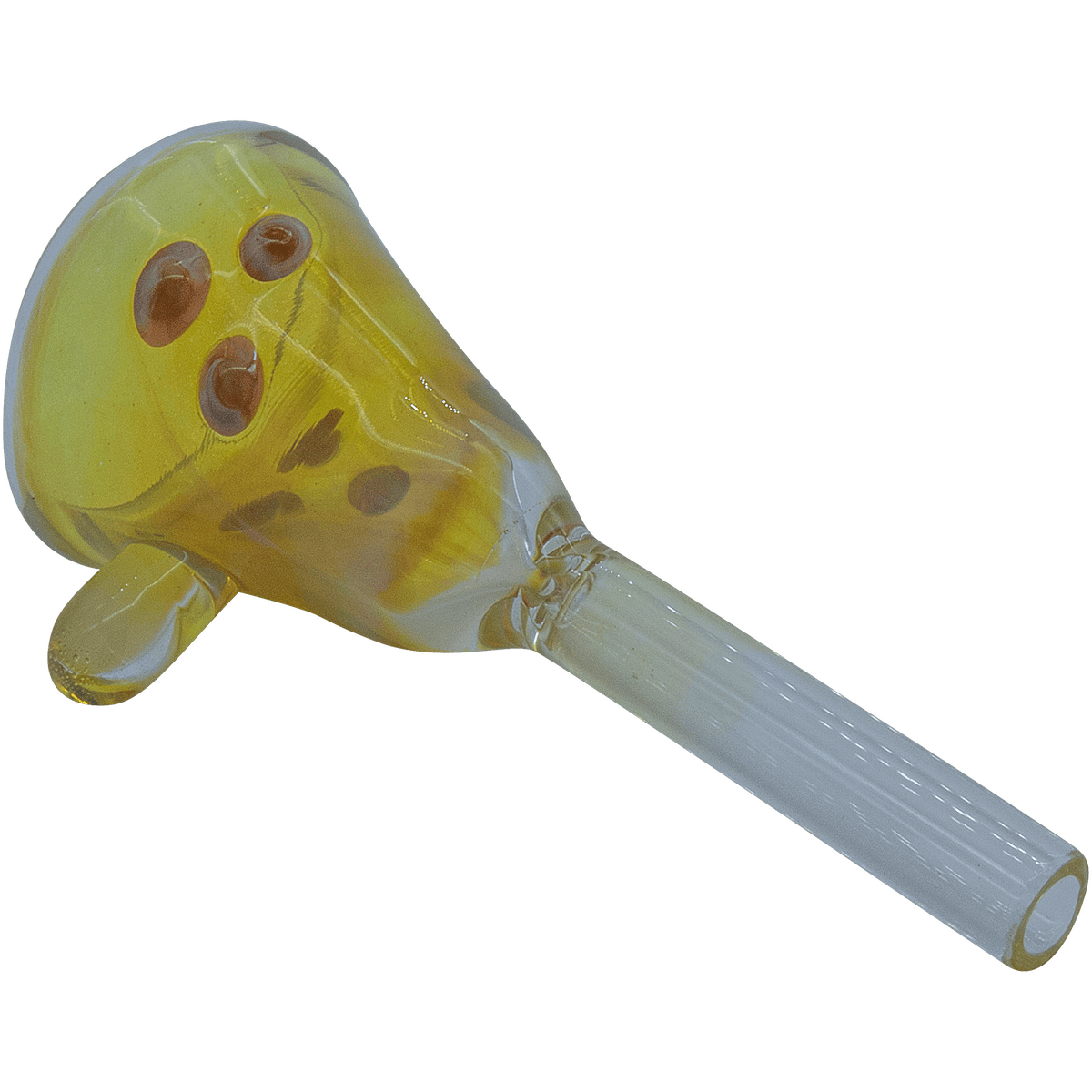 Angled close-up of the amber glass bowl and stem of the LA Pipes The "Mission Bell" Pull-Stem Slide Bowl, showing rounded air holes and glossy reflections.