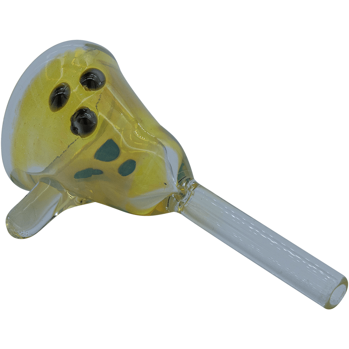 Close-up angled view of the yellow glass bowl and clear stem of the LA Pipes The "Mission Bell" Pull-Stem Slide Bowl.