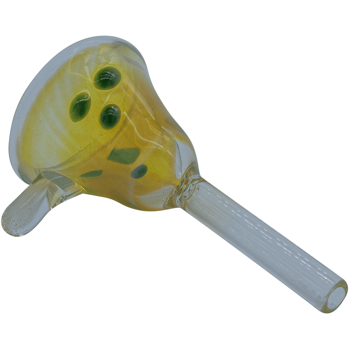 Close-up angled view of the LA Pipes The "Mission Bell" Pull-Stem Slide Bowl showing glossy yellow glass with three raised green dots and a clear stem.