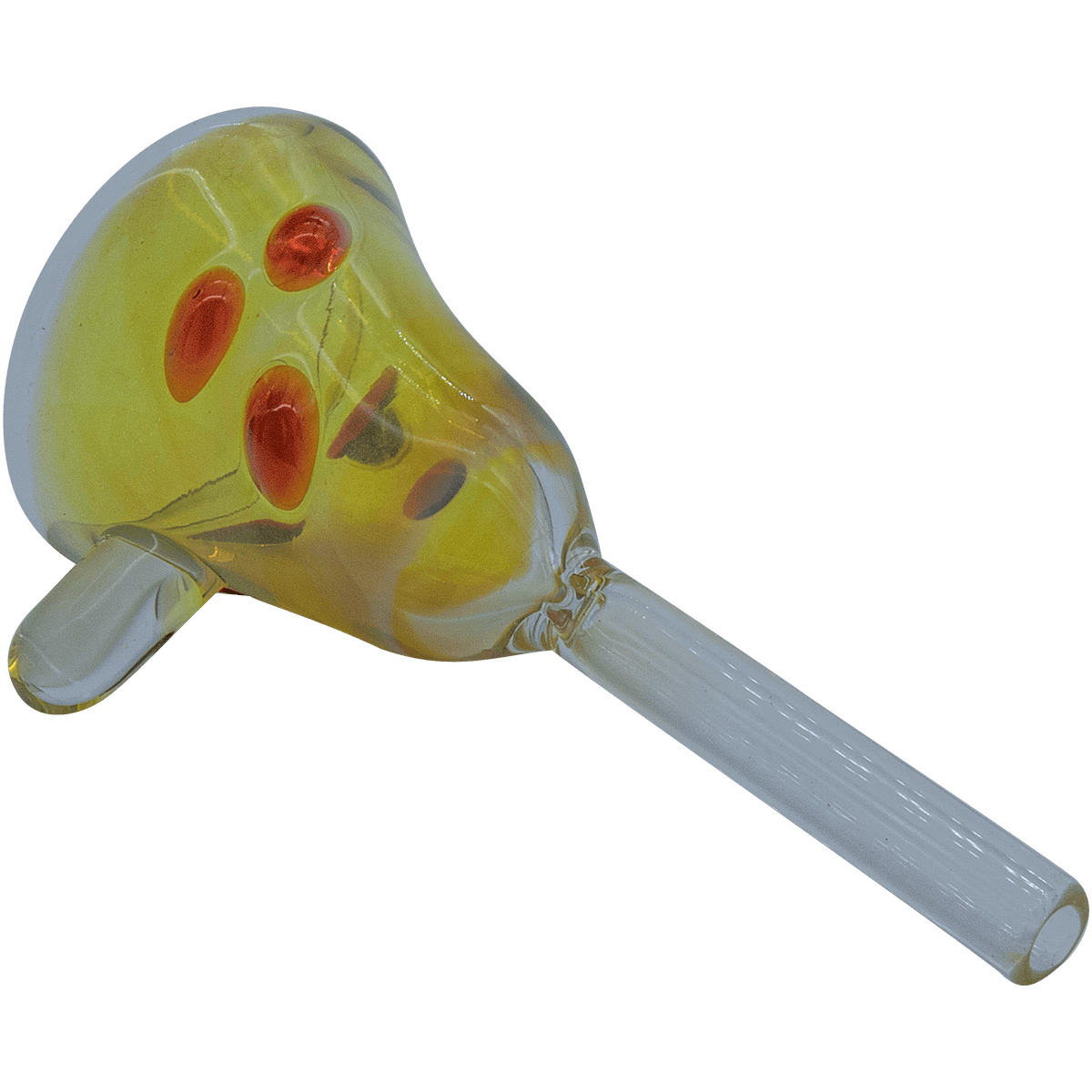 Tilted close-up of the LA Pipes The "Mission Bell" Pull-Stem Slide Bowl showing its yellow glass head with red dot accents and clear stem.