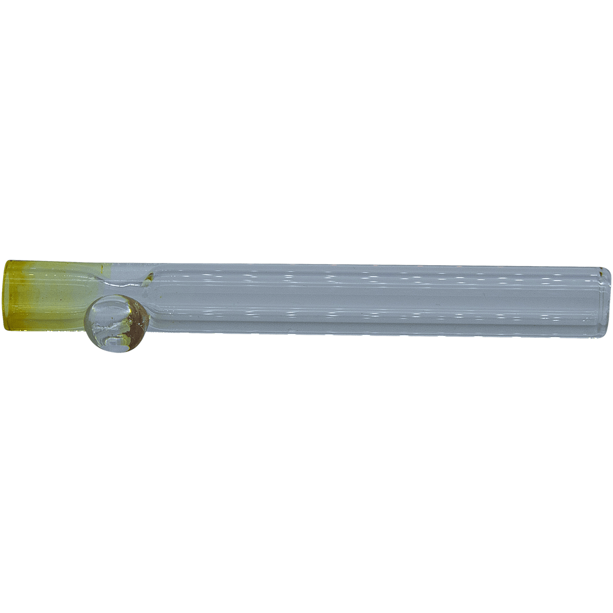 A side view of “The One Hitter Never Quitter” Glass One-Hitter, showing its slender, clear glass design.
