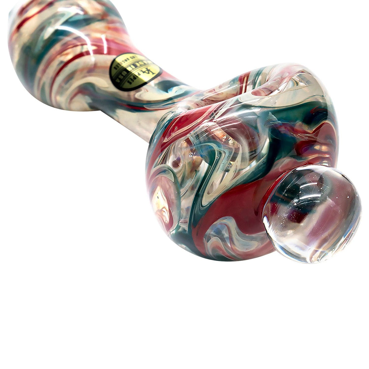 A side view of the “Primordial Ooze” Glass Spoon Pipe, showcasing its colorful, swirled glass design.