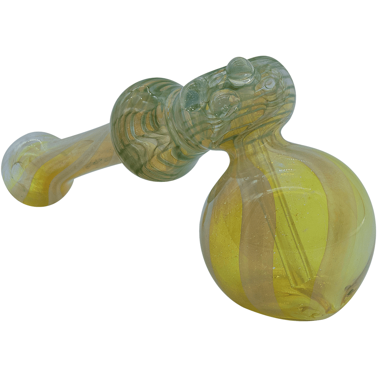 A studio shot of the “Raked Hammer” Fumed Hammer Bubbler Pipe, showcasing its green-tinted glass and unique raked texture.
