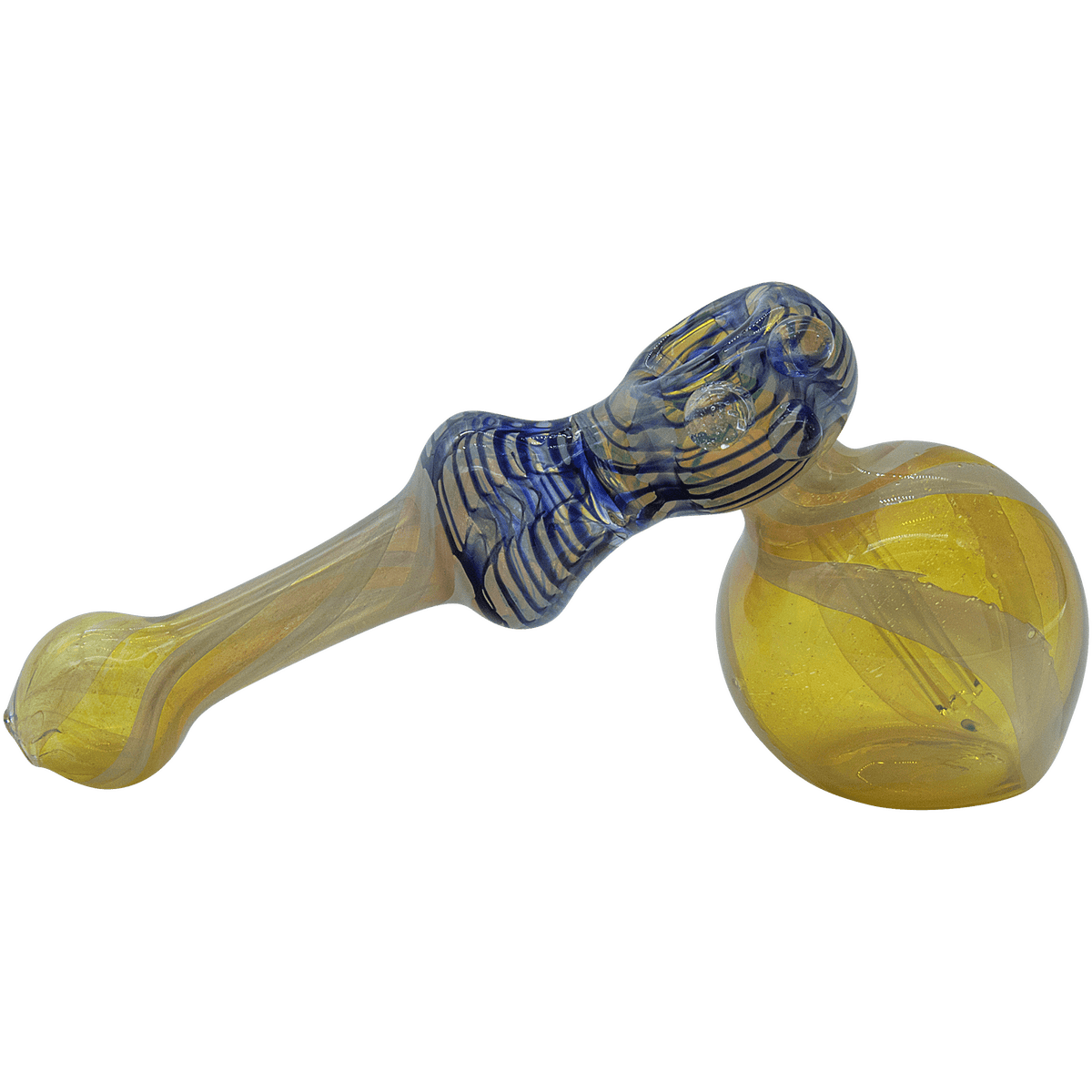 A close-up of “The Raked Hammer” Fumed Hammer Bubbler Pipe, showing the textured glass and bubbler design from a side view.