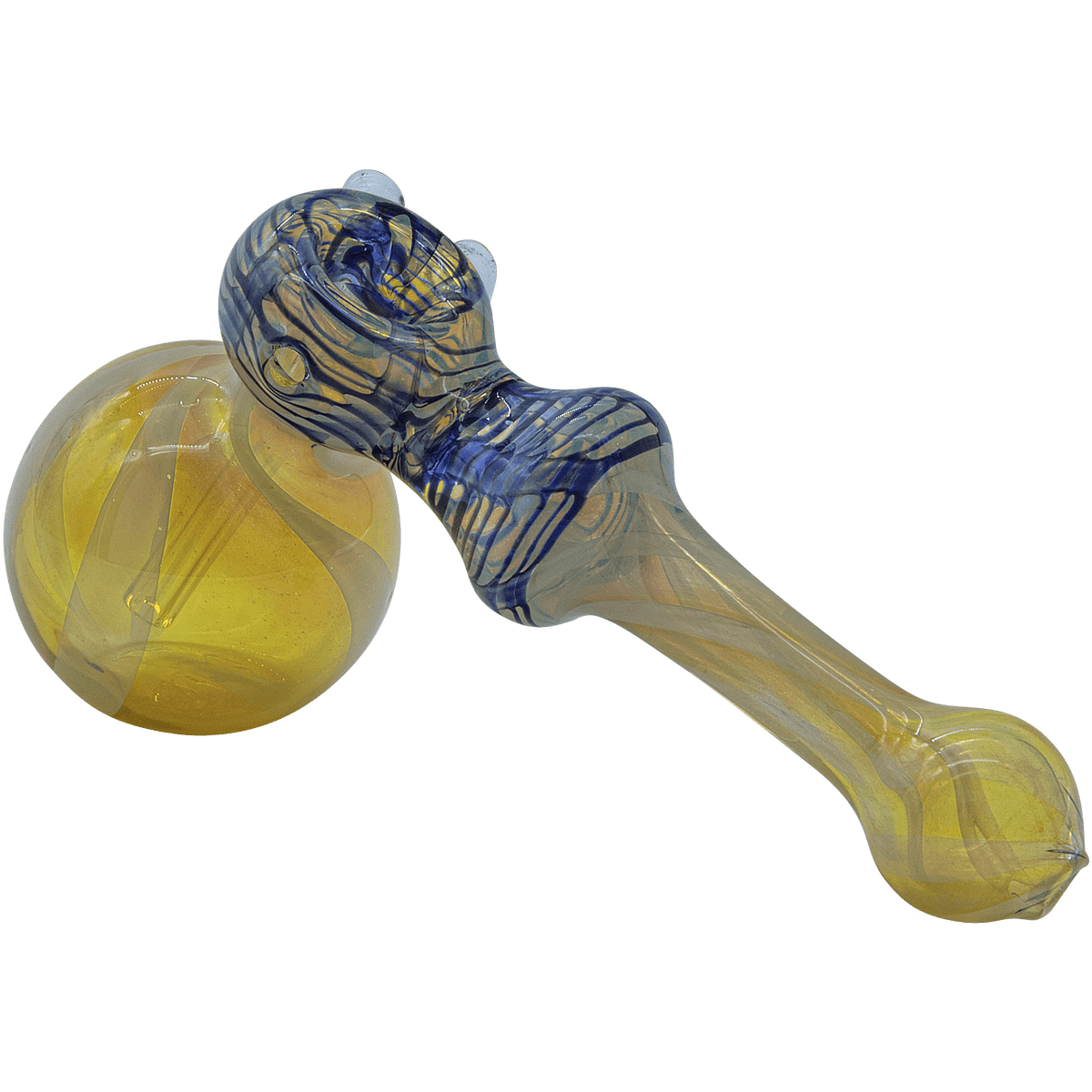 A detailed side view of “The Raked Hammer” Fumed Hammer Bubbler Pipe, showing the rounded glass form and subtle iridescent fume.