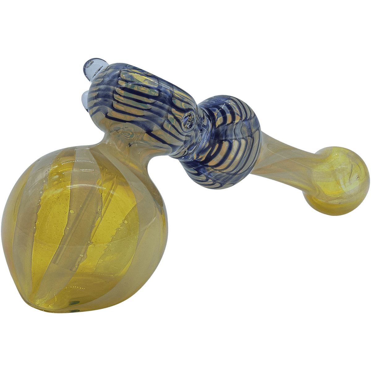 A side view of “The Raked Hammer” Fumed Hammer Bubbler Pipe, showcasing its swirling blue and clear glass design.