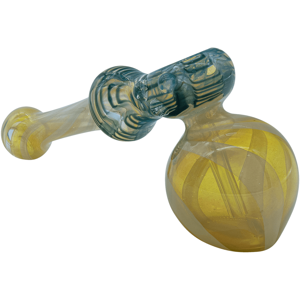 A side view of "The Raked Hammer" Fumed Hammer Bubbler Pipe, showing the glass piece’s curved form and smoked coloration.