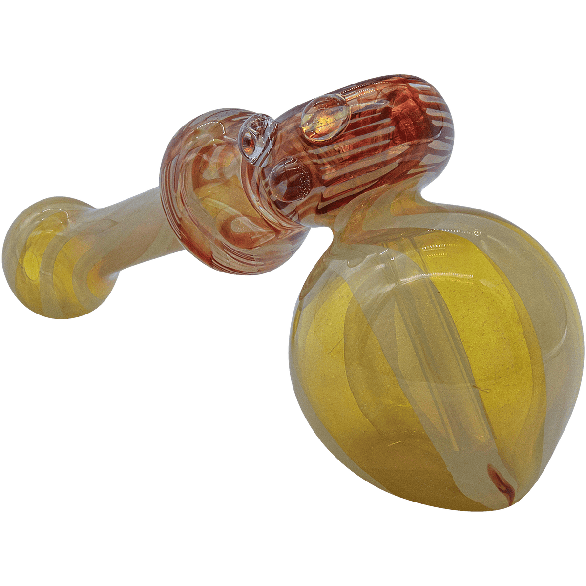 A three-quarter view of “The Raked Hammer” Fumed Hammer Bubbler Pipe, showing its curved form and smoky glass finish.