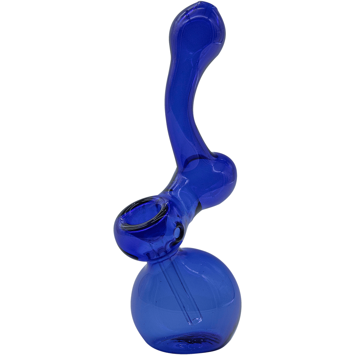 A front view of the “Sherbub” Glass Sherlock Bubbler Pipe, showcasing its curved glass form against a plain white background.