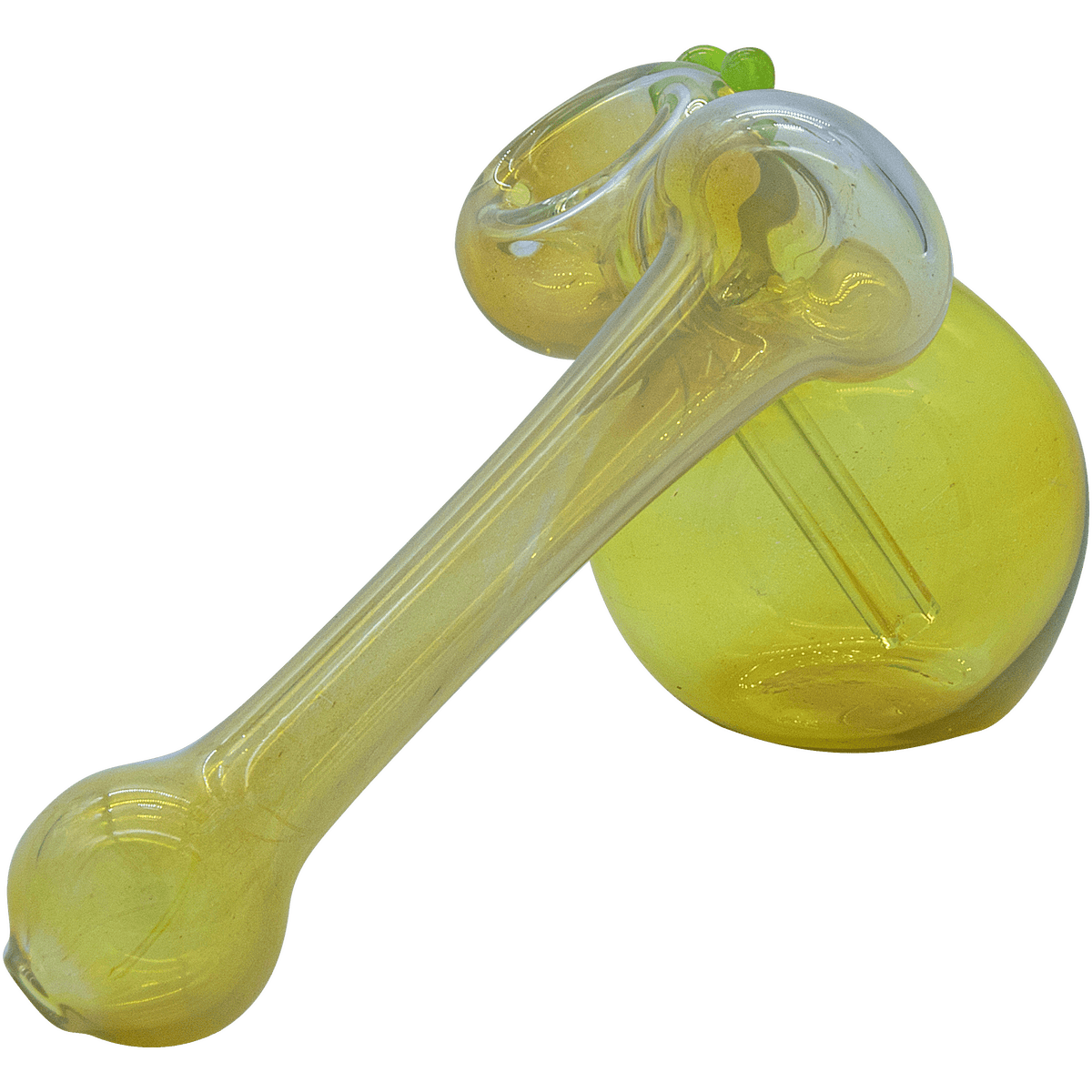 A side view of the “Silver Sidecar” Fumed Hammer Sidecar Pipe, showcasing its curved form and subtle fume detailing in clear glass.