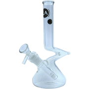 A three-quarter view of “The Zag” Beaker Zong Style Bong, showcasing its clear glass construction and classic beaker shape.