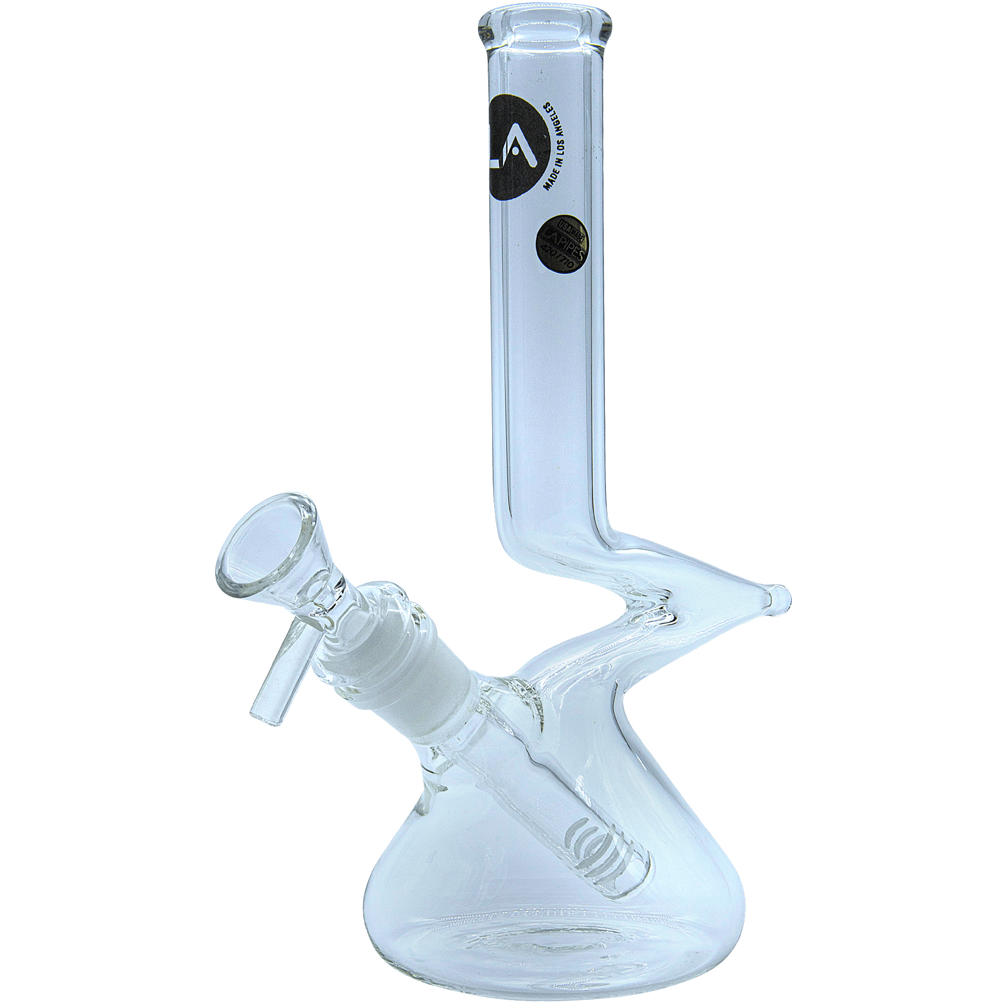 A three-quarter view of “The Zag” Beaker Zong Style Bong, showcasing its clear glass construction and classic beaker shape.
