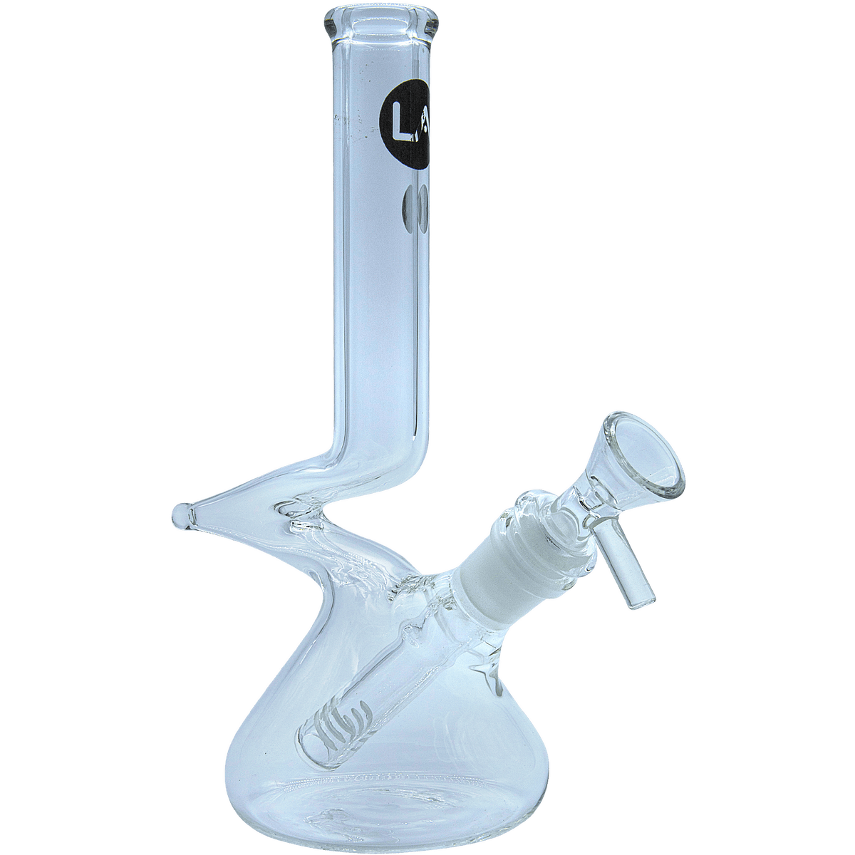 Front view of “The Zag” Beaker Zong Style Bong, a clear glass beaker with a simple, curved neck design.