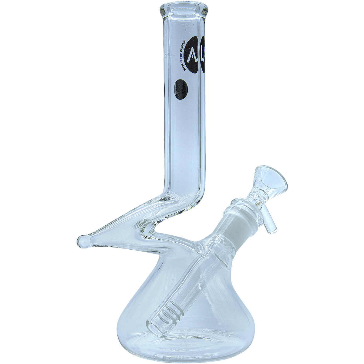 Front view of “The Zag” Beaker Zong Style Bong, a clear glass beaker with a simple, angled neck design.