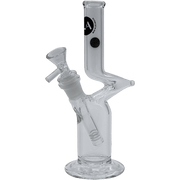 A straight-on view of “The Zig” Straight Zong Style Bong, made of clear glass, with a simple, minimalist design.