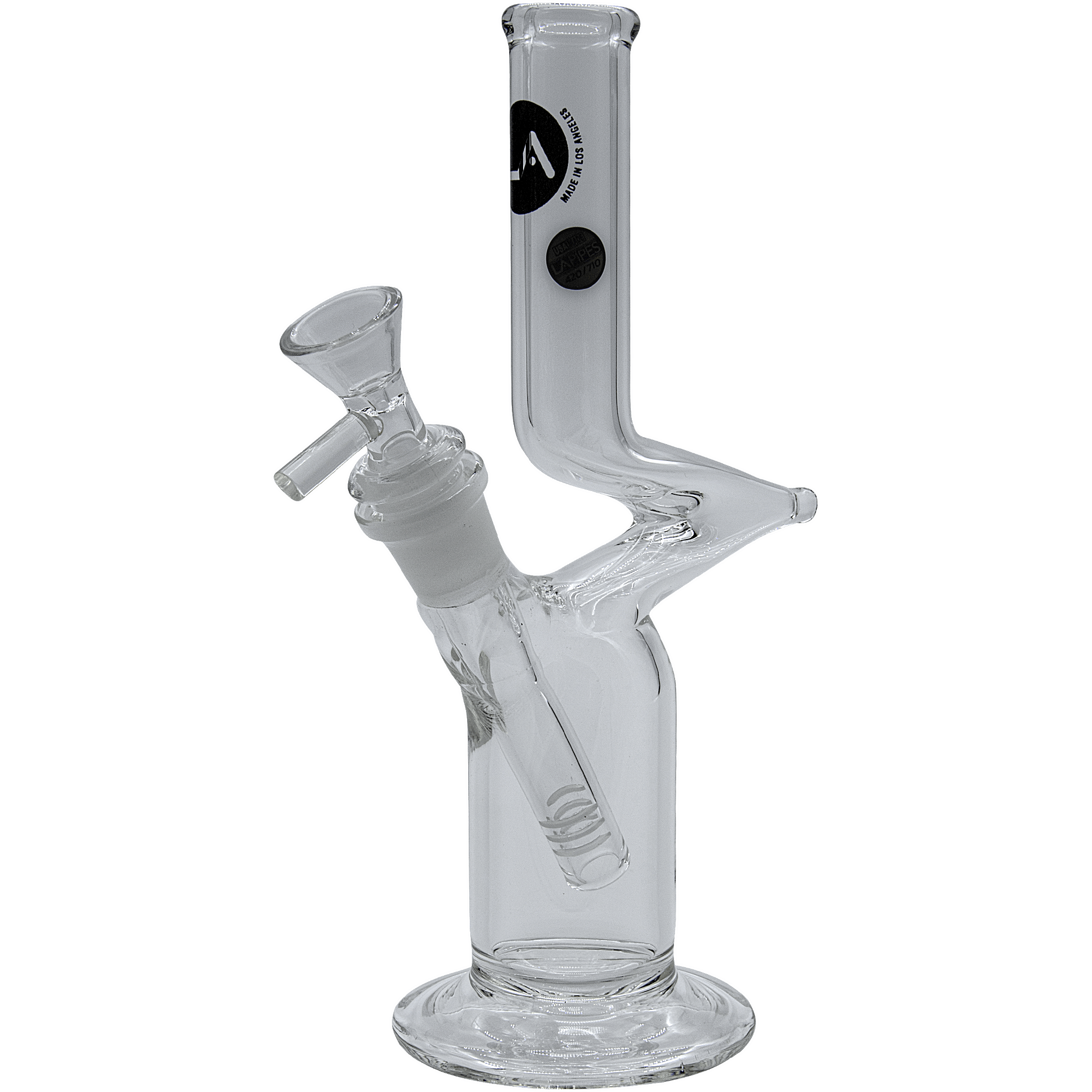A straight-on view of “The Zig” Straight Zong Style Bong, made of clear glass, with a simple, minimalist design.