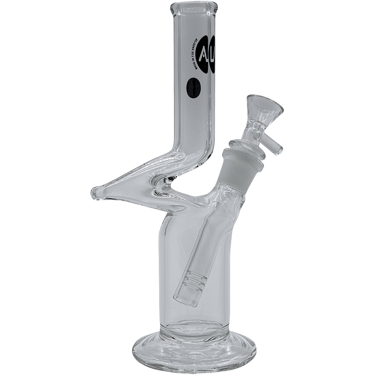 A studio shot of “The Zig” Straight Zong Style Bong, showcasing its clear glass construction and simple, upright form.