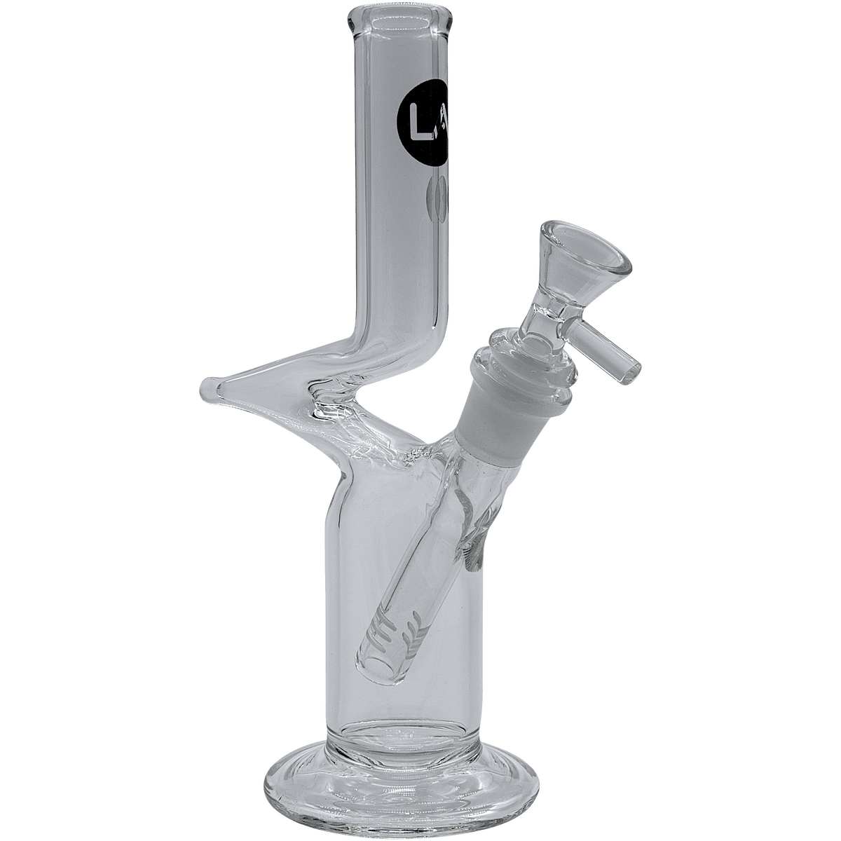 Front view of “The Zig” Straight Zong Style Bong, a clear glass water pipe with a simple, cylindrical shape.
