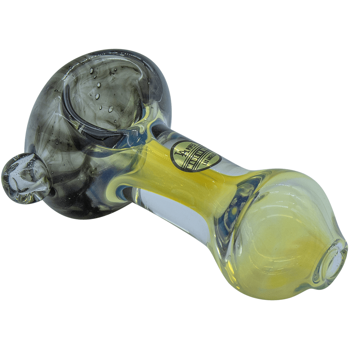 A side view of the Thick Neck Spoon Pipe, showcasing its curved shape and translucent green glass.