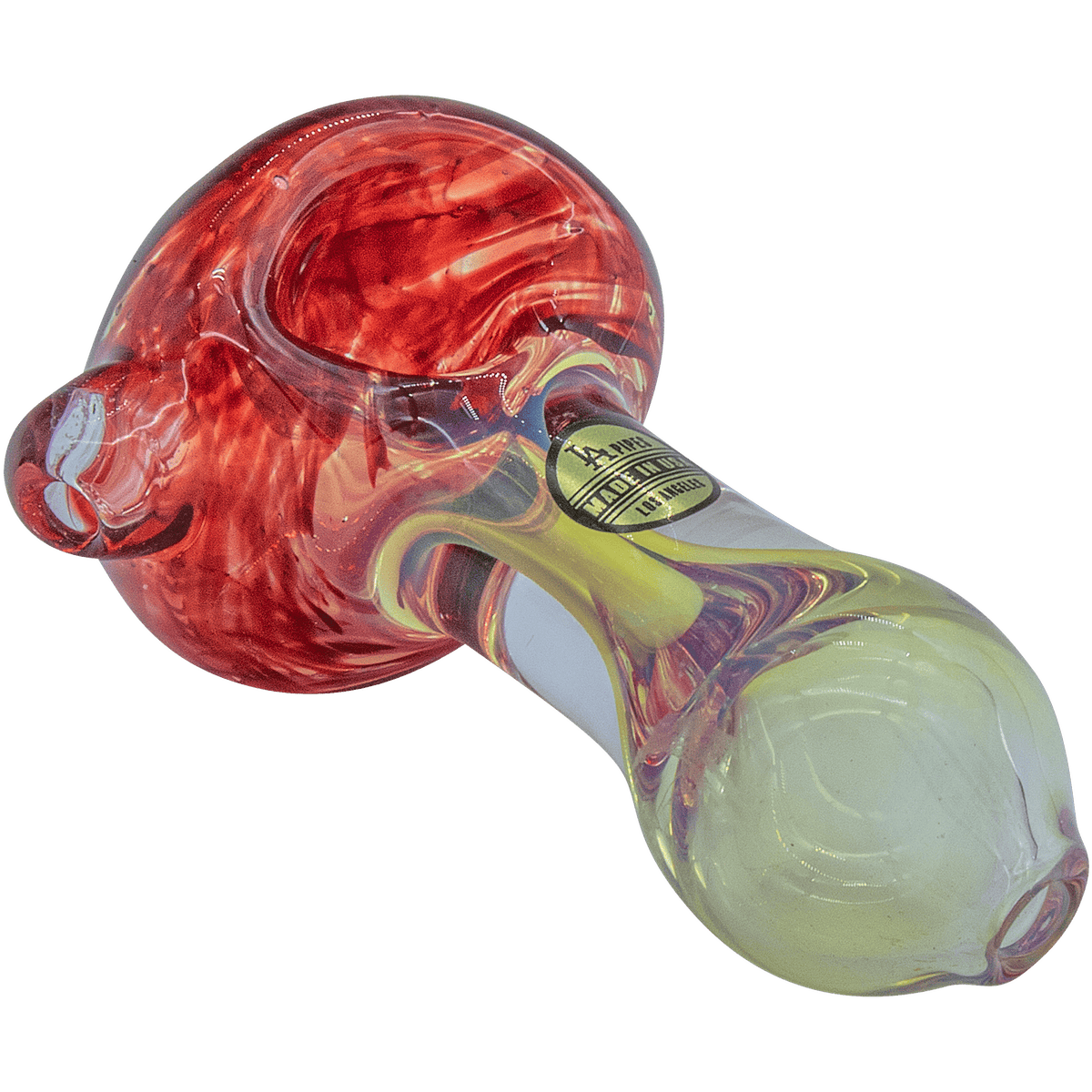 A studio shot of the Thick Neck Spoon Pipe, showcasing its colorful, swirling glass design from a slightly angled front view.