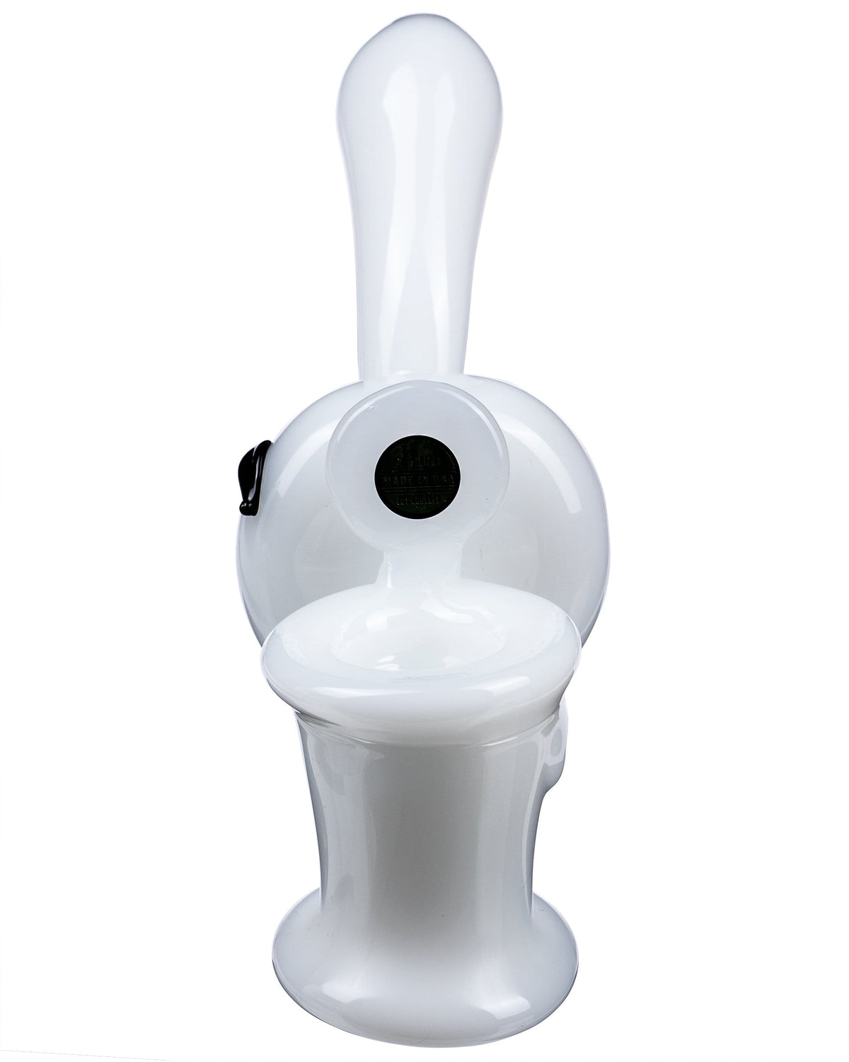 A front view of the Toilet Bowl Glass Sherlock Pipe, showcasing its clear glass construction and unique bowl shape.