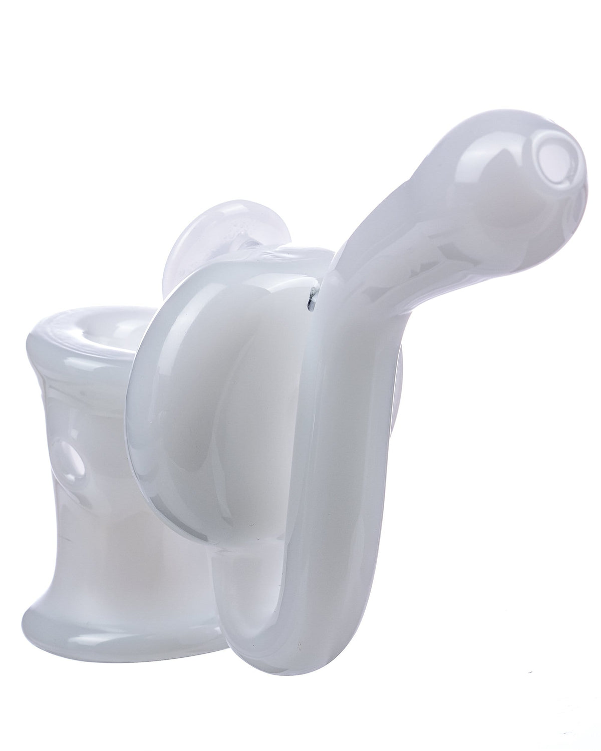 A close-up, angled view of the Toilet Bowl Glass Sherlock Pipe, showcasing its clear glass construction.