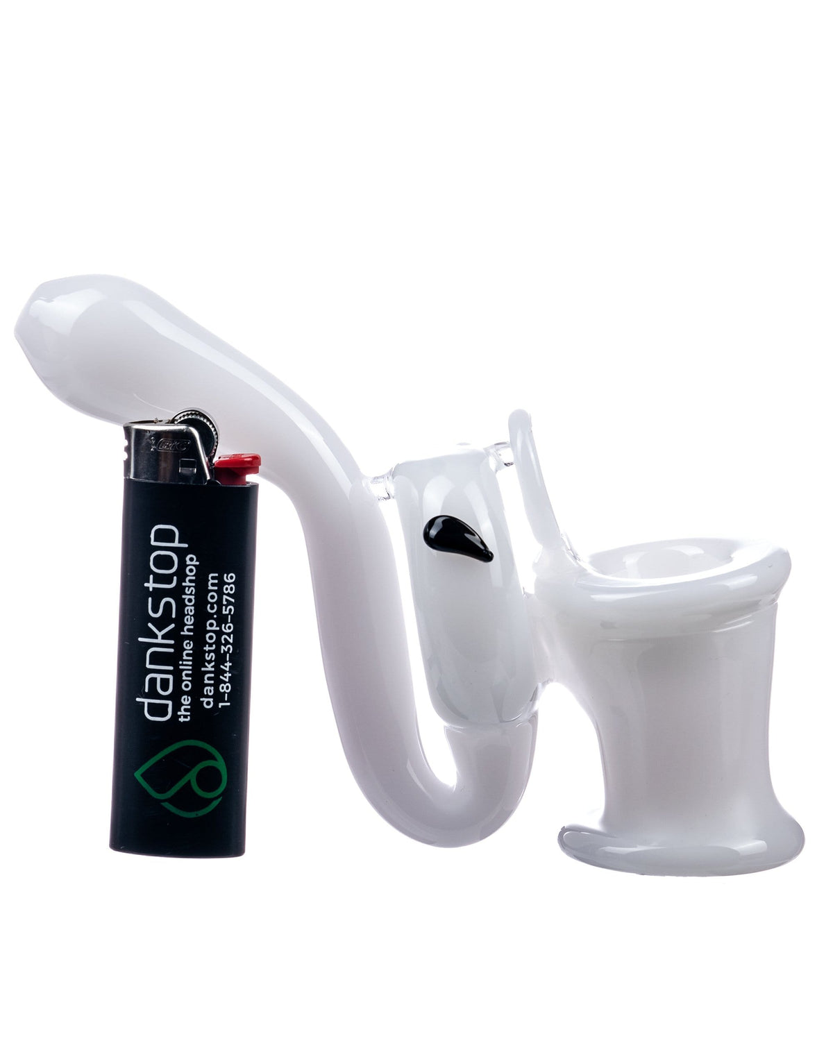 A three-quarter view of the DankStop Toilet Bowl Glass Sherlock Pipe, showing its intricate, curved design.