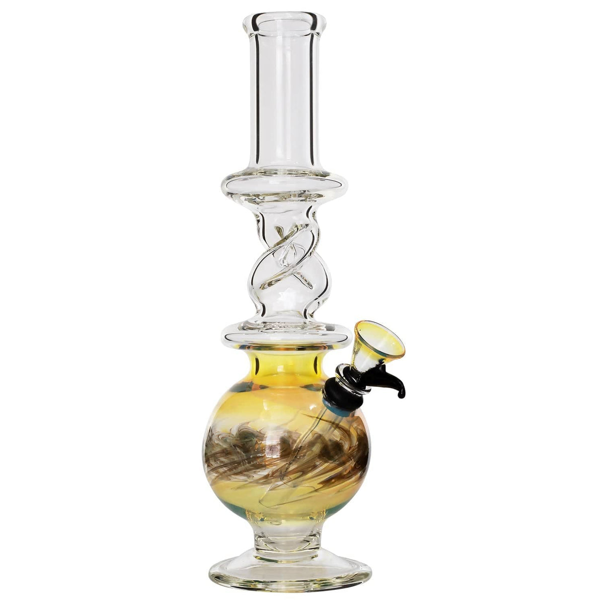 Vertical close-up of the LA Pipes Typhoon Twister Glass Bong showing its clear flared mouthpiece, twisted midsection, and amber-tinted round chamber with attached angled bowl.