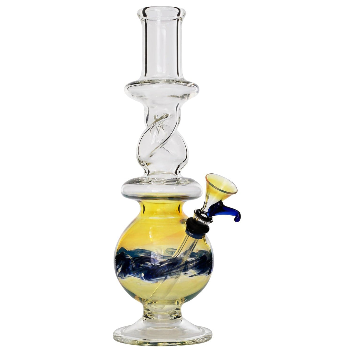 Front-facing studio shot of the LA Pipes Typhoon Twister Glass Bong showing a clear twisted neck and yellow glass bulb with blue swirled accents and matching blue bowl.