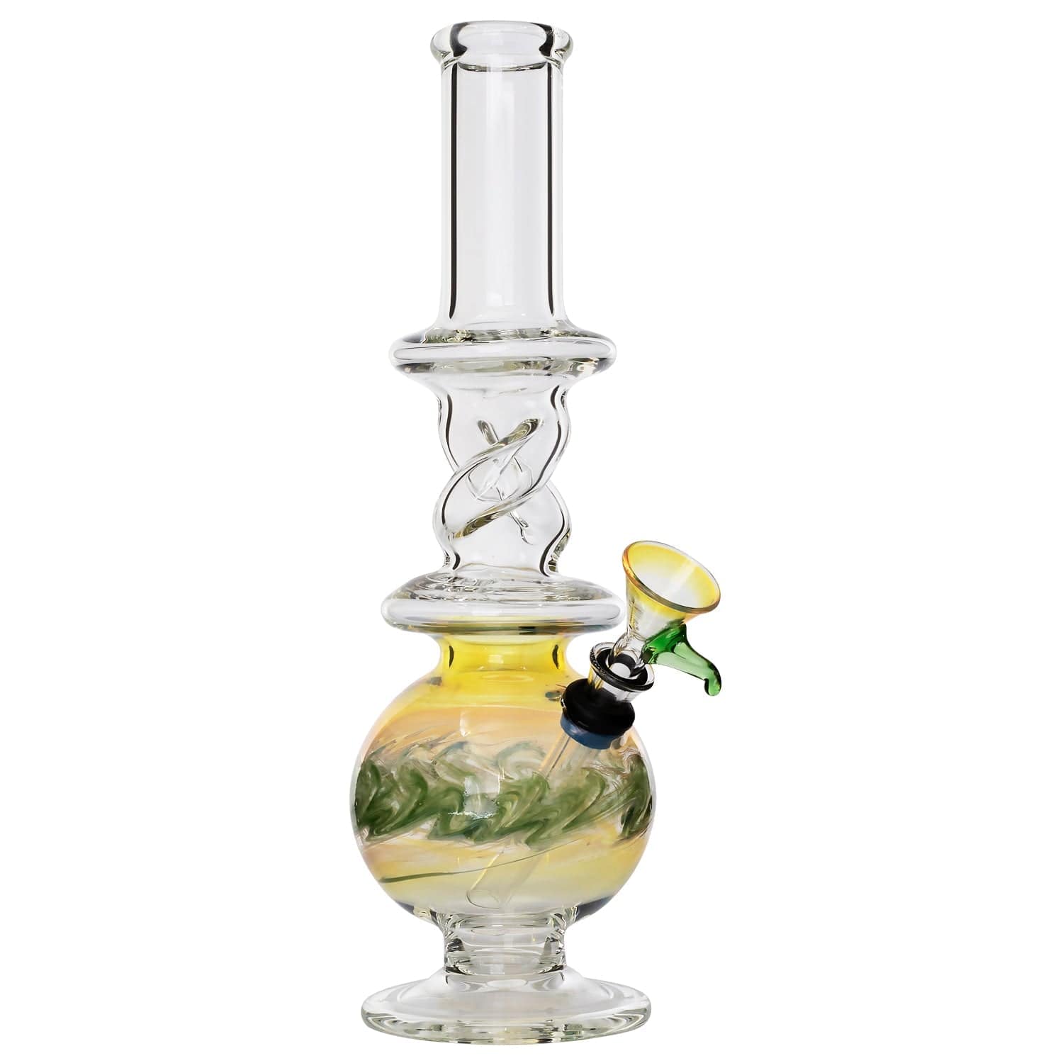 Vertical studio shot of the LA Pipes Typhoon Twister Glass Bong showing a clear spiral neck, rounded teal-and-yellow swirled chamber, and a green-tinted bowl.