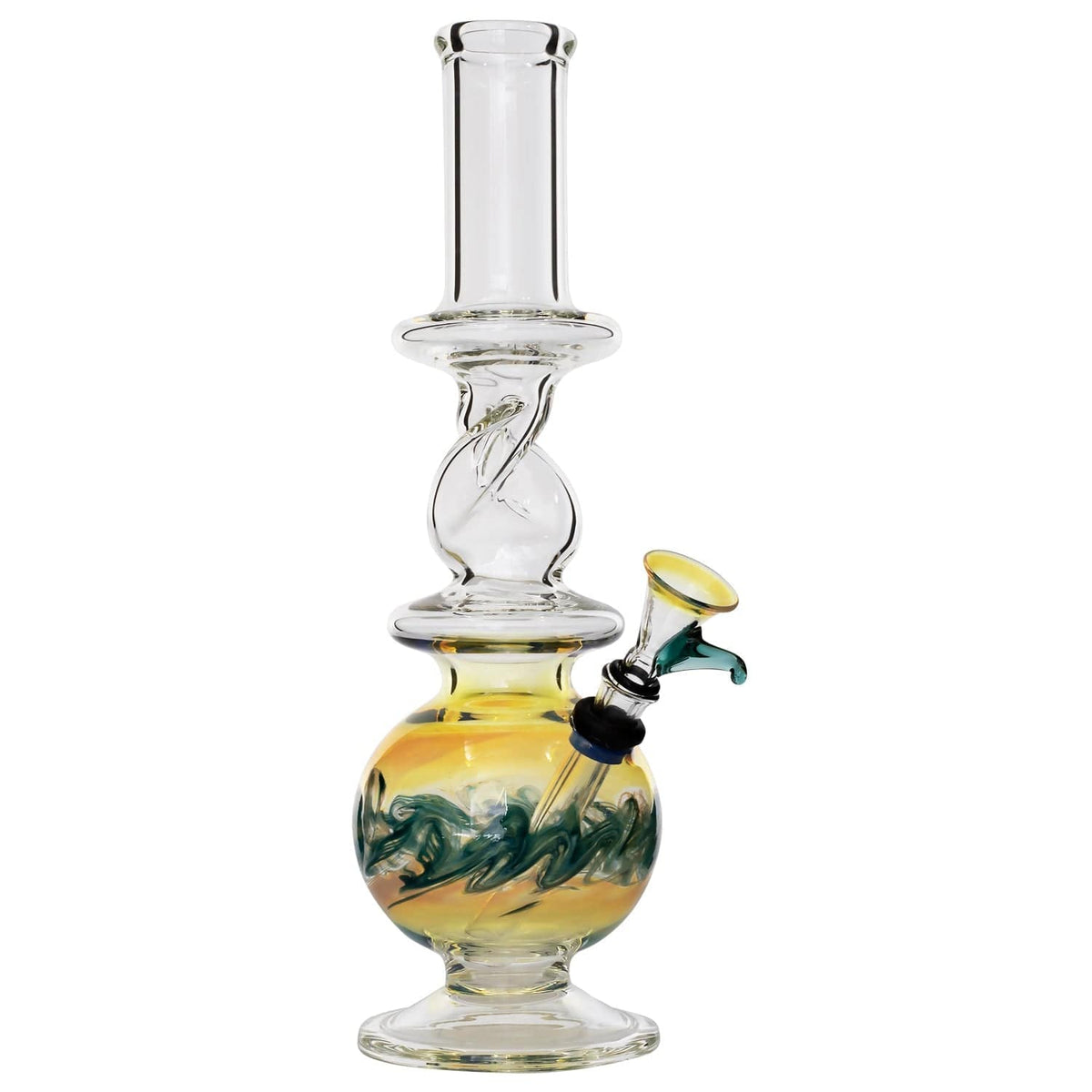 Vertical studio shot of a green-accented LA Pipes Typhoon Twister Glass Bong showing its twisted midsection and angled bowl.