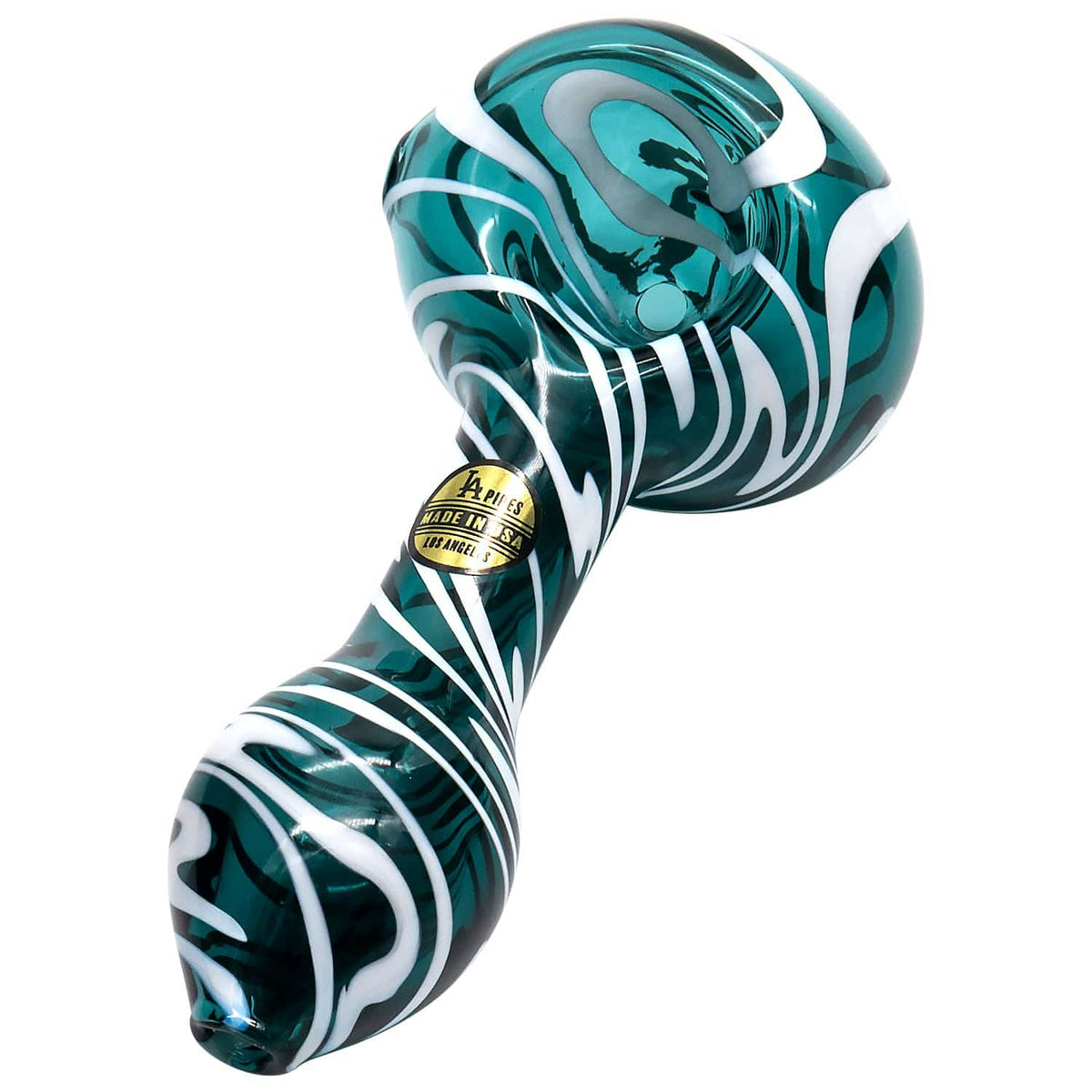 A close-up, angled view of the Warped Space Color Glass Hand Pipe, showcasing its vibrant, swirling color pattern.