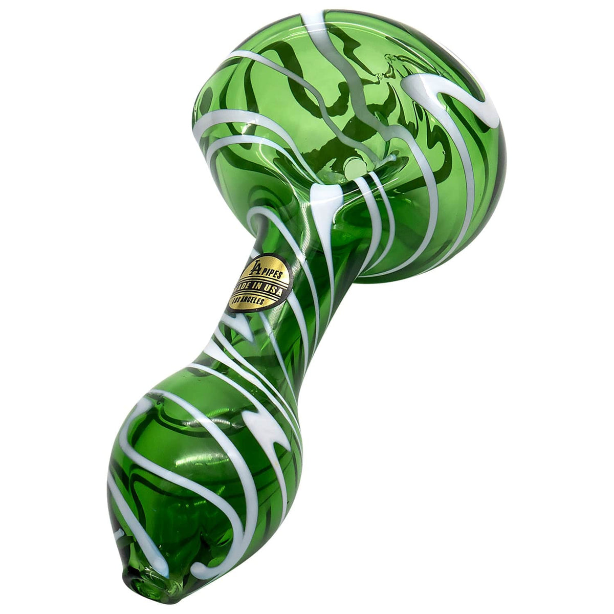 A front view of the Warped Space Color Glass Hand Pipe, showcasing its vibrant green glass with subtle color variations.