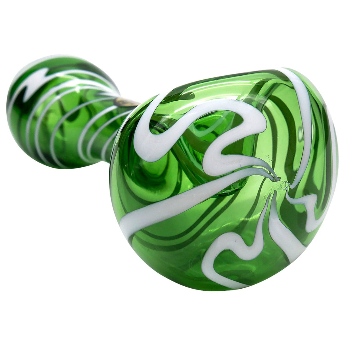 A detailed three-quarter view of the Warped Space Color Glass Hand Pipe, showcasing its vibrant green and white swirl pattern.