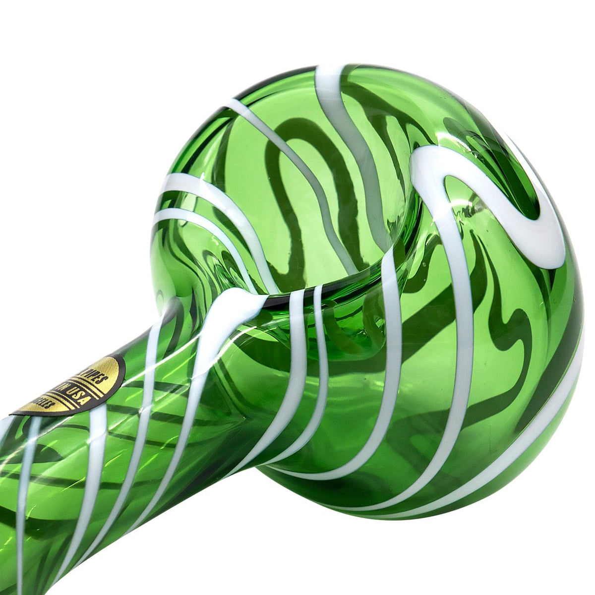 A close-up, angled view of the Warped Space Color Glass Hand Pipe, showcasing its vibrant green glass with swirling color accents.
