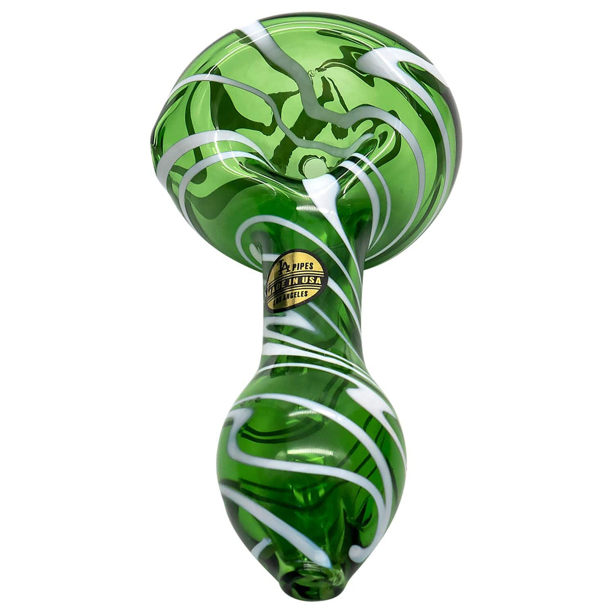 A front view of the Warped Space Color Glass Hand Pipe, showcasing its green glass with a smooth, curved design.