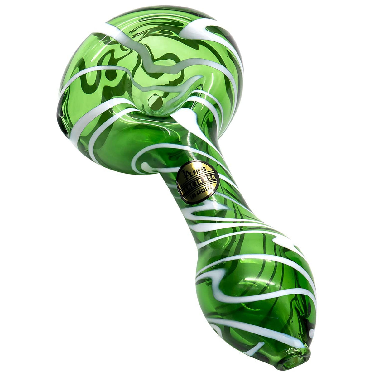 Front view of the Warped Space Color Glass Hand Pipe, showcasing its vibrant green swirls and smooth, curved design.