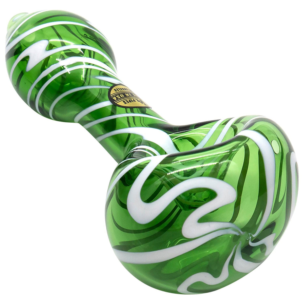 A close-up, angled view of the Warped Space Color Glass Hand Pipe, showcasing its vibrant green glass swirl design.