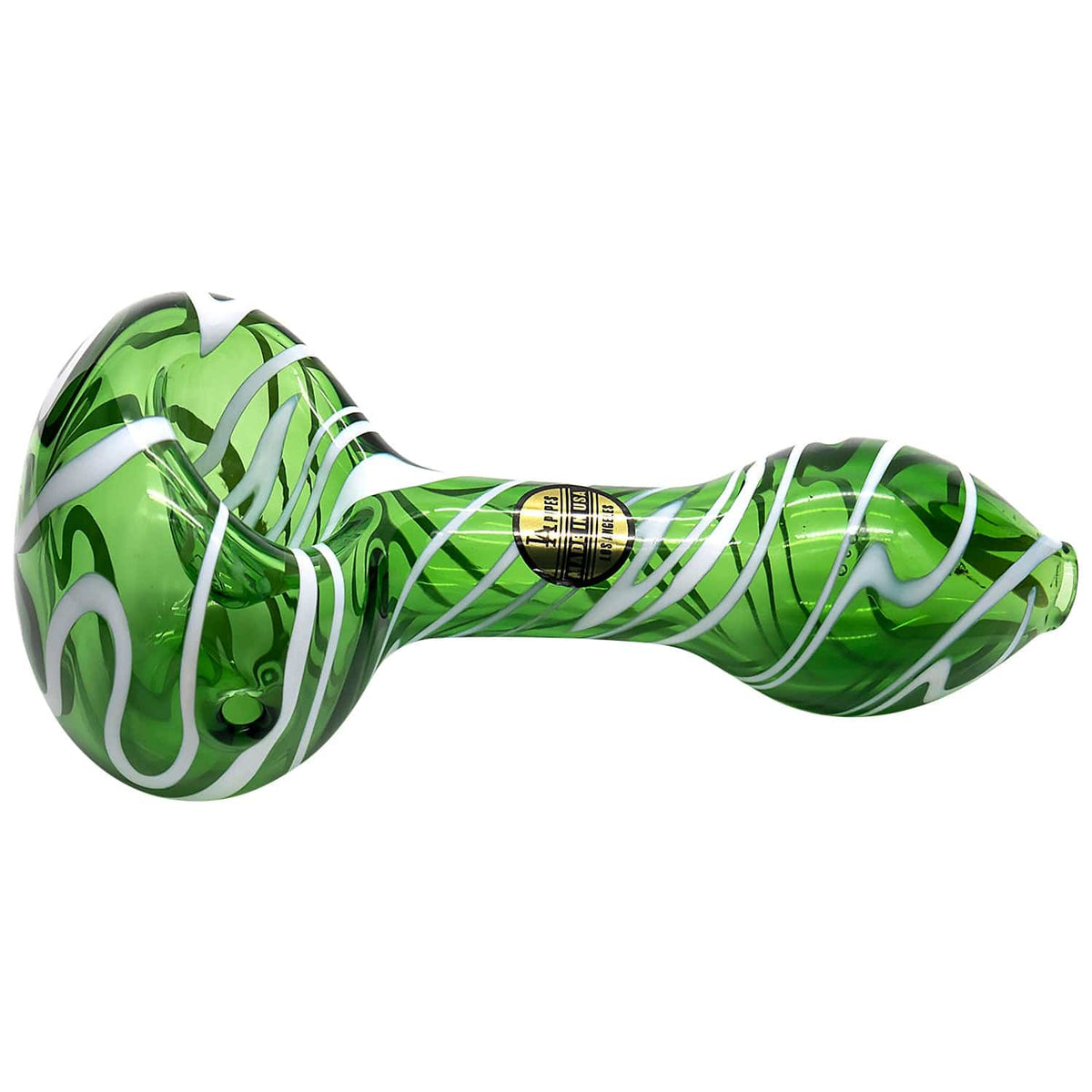 A close-up, angled view of the Warped Space Color Glass Hand Pipe, featuring a colorful glass design.