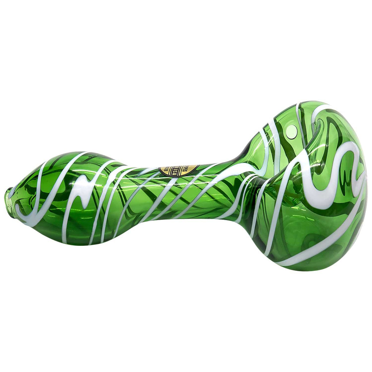A side view of the Warped Space Color Glass Hand Pipe, showcasing its vibrant green glass swirl design.