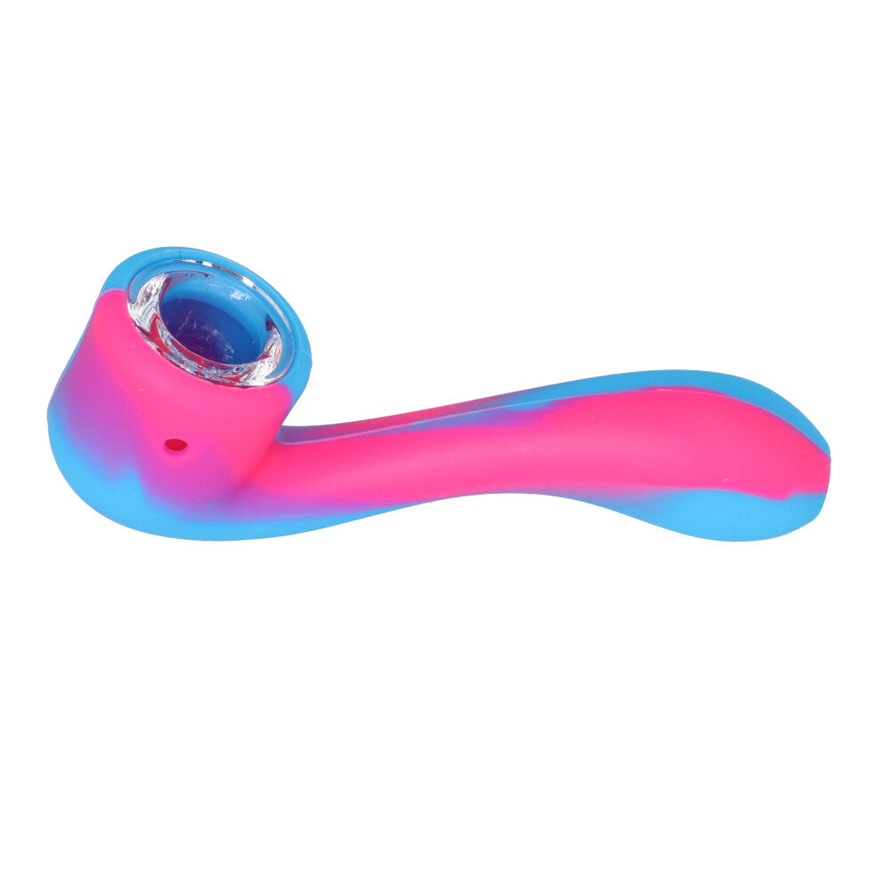 Silicone Sherlock Hand Pipe with Insert Glass Bowl | Pink/Blue - Side View 
